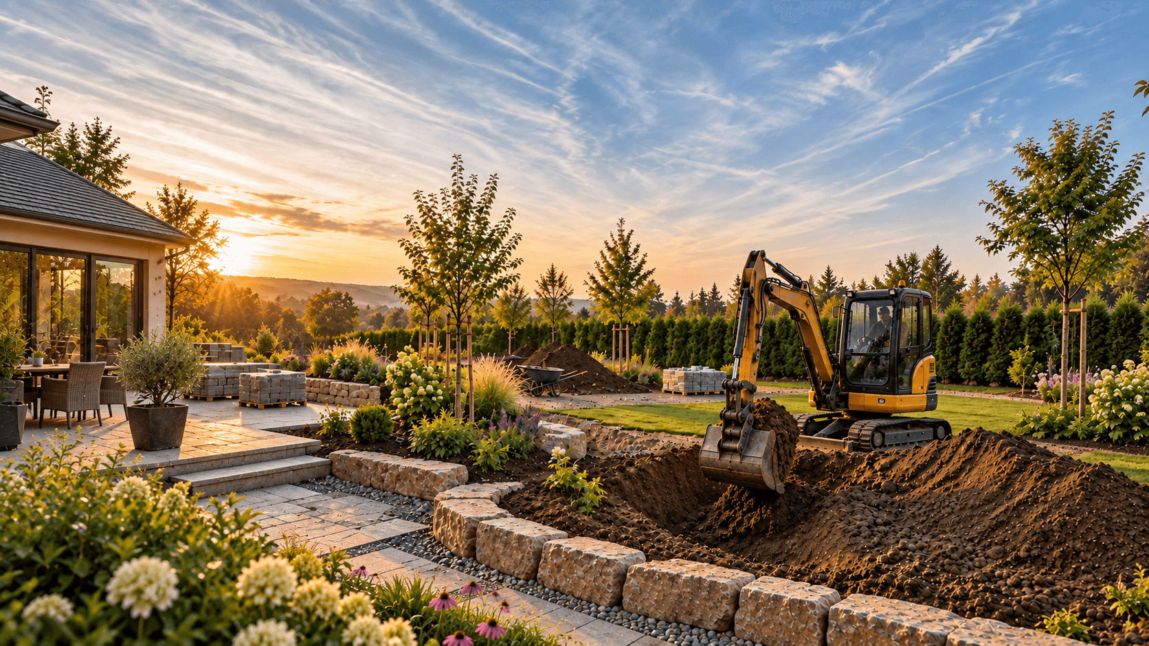 Minibagger bei Erdarbeiten in einer Gartenanlage mit Terrasse und Pflasterfläche